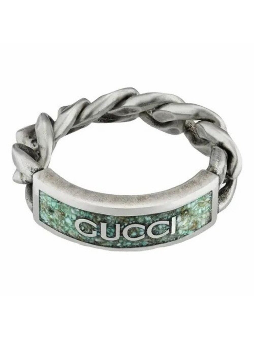 NEW GUCCI Sterling Silver Enamel Logo Chain Sz 16 IT 7.5 US Ring turquoise
